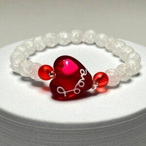 White and Red Heart Charm Beaded Bracelet